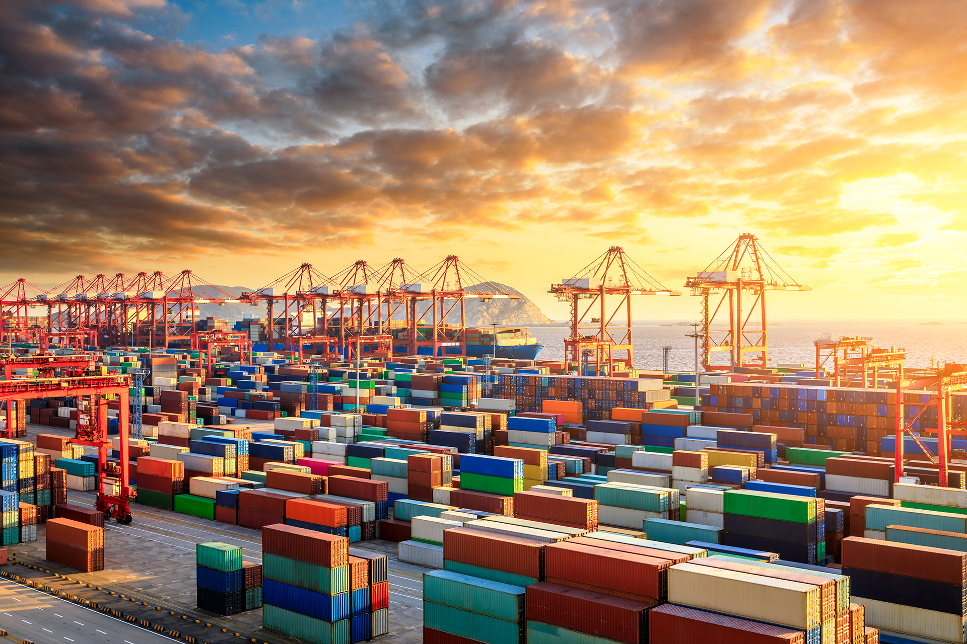 The busy container port and natural scenery in Shanghai, China