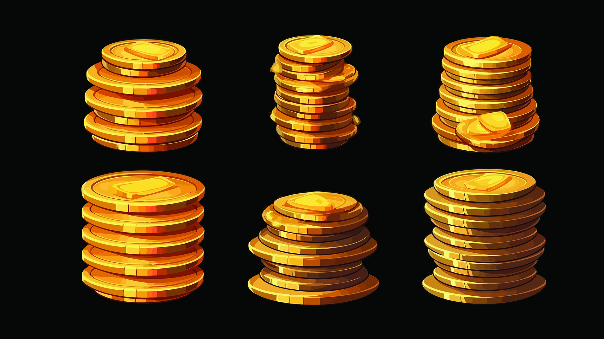 Set of vector cartoon stack of gold coin. Isolated cash treasure pile heap icon. Isolated on background. Cartoon vector illustration